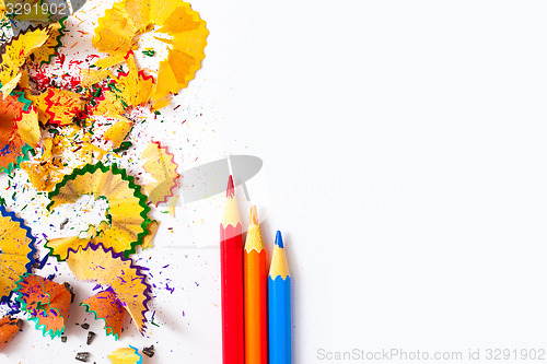 Image of set of colored pencils and shavings on white background