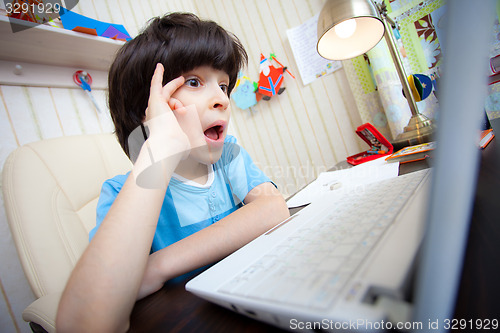 Image of Surprised boy looking at a computer monitor