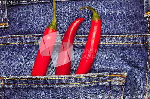 Image of chili peppers in a jeans pocket