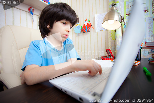 Image of distance learning, a boy with computer