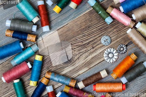 Image of vintage reels of assorted thread and old buttons