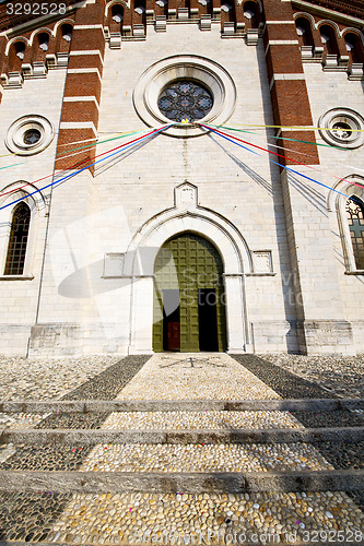 Image of  church  in  the   borghi  old   closed brick tower sidewalk ita