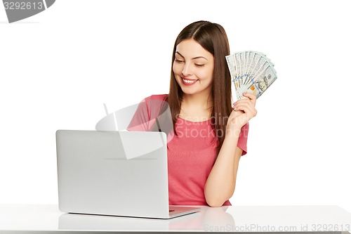 Image of Woman showing  laptop screen