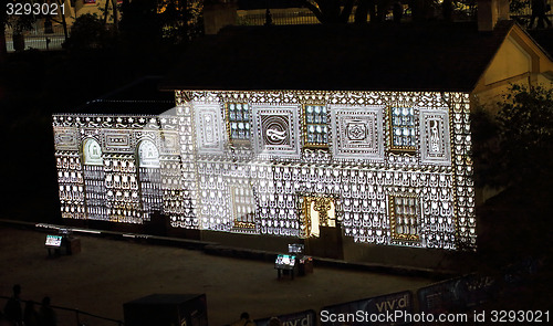 Image of Cadmans Cottage in lights for Vivid Sydney