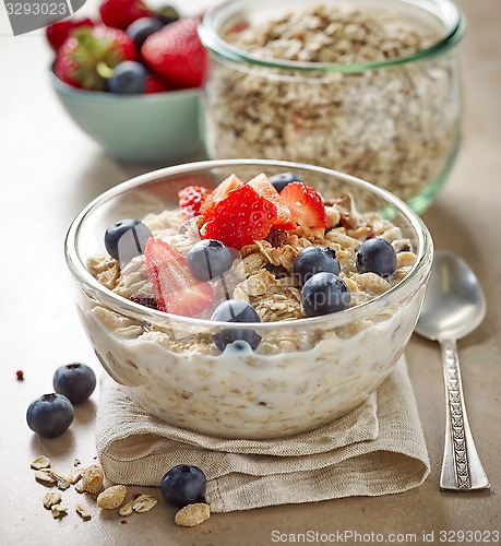 Image of healthy breakfast, bowl of muesli with milk