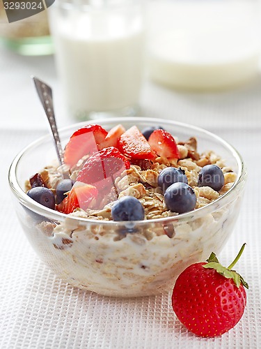 Image of healthy breakfast, bowl of muesli with milk