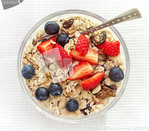 Image of healthy breakfast, bowl of muesli with milk