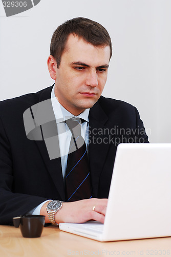 Image of Serious businessman working on lap-top