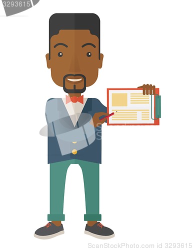 Image of Handsome black guy holding clipboard.