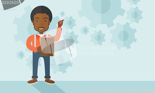 Image of African lecturer with gears background