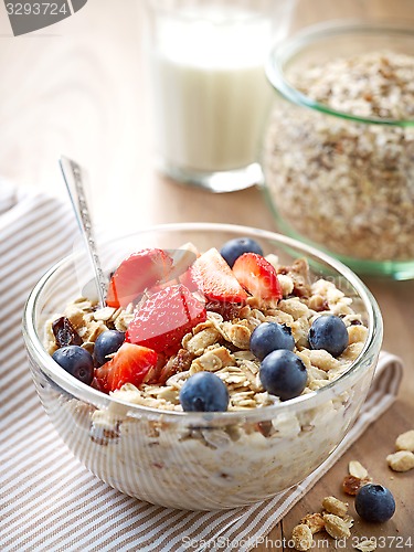 Image of healthy breakfast, bowl of muesli with milk