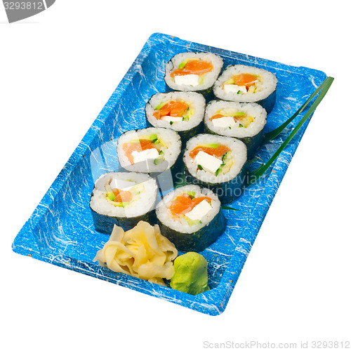 Image of take away sushi express on plastic tray 