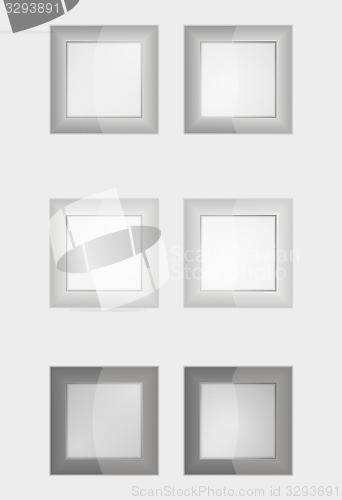 Image of six gray square badges or buttons