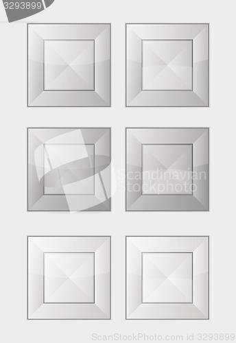 Image of six gray square badges or buttons