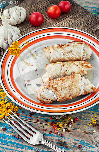 Image of set fried meat sausages on wooden background