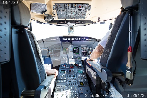 Image of Interior of airplane cockpit.