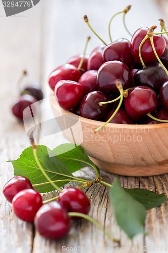 Image of Bowl with ripe red cherries.