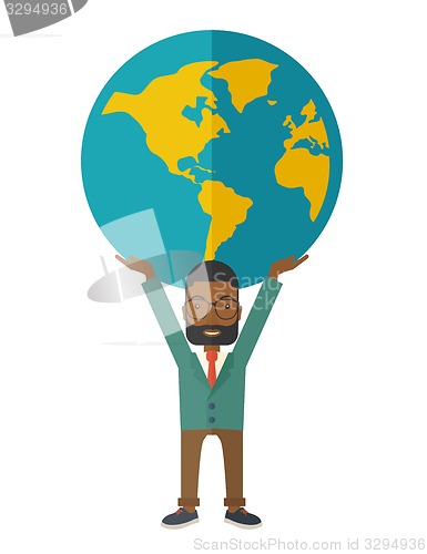 Image of Black Businessman carrying big globe.