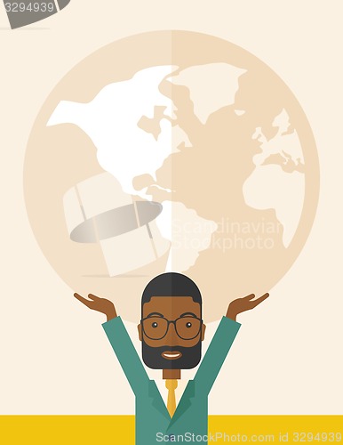 Image of Black Businessman carrying big globe.