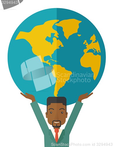 Image of Black Businessman carrying big globe.