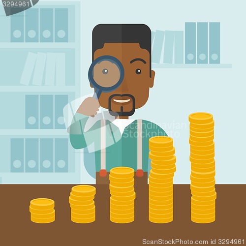 Image of Black man looking at his growing business using magnifying glass.