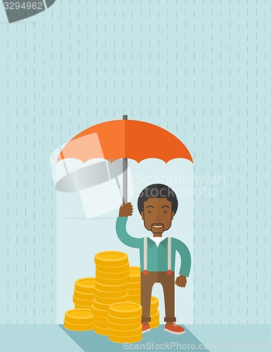 Image of African-american businessman with umbrella as protection for his investment.