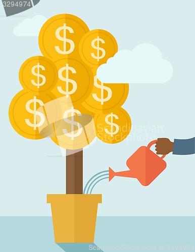 Image of Human hand watering the money tree.