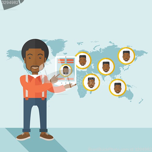 Image of World map with same faces every destination.