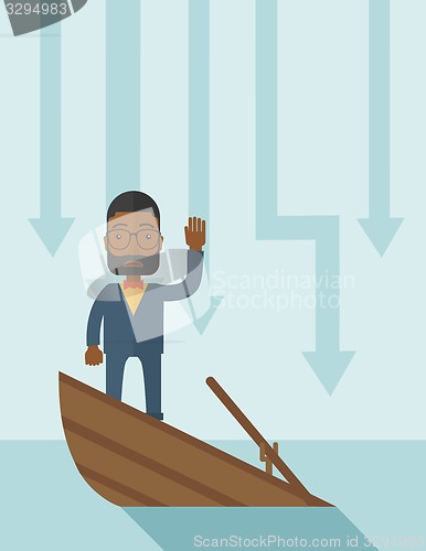 Image of Failure black businessman standing on a sinking boat.