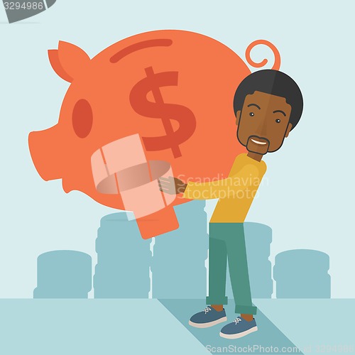 Image of African businessman carries a big piggy bank for saving money.