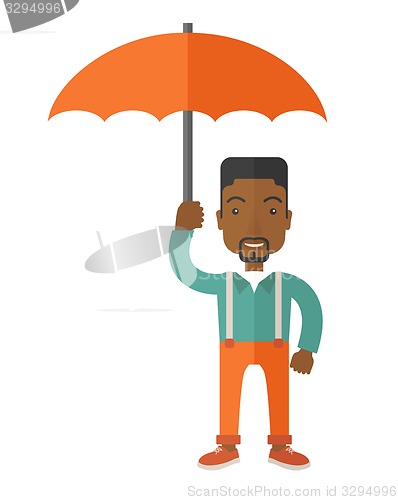 Image of African-american businessman with umbrella as protection.