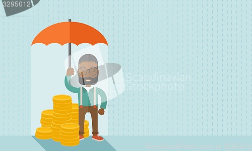 Image of African-american businessman with umbrella as protection for his investment.