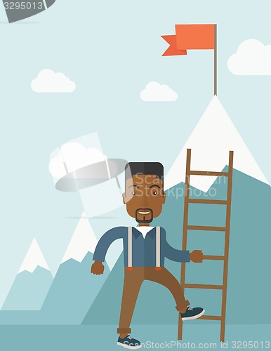 Image of African man holding a ladder, step for success.