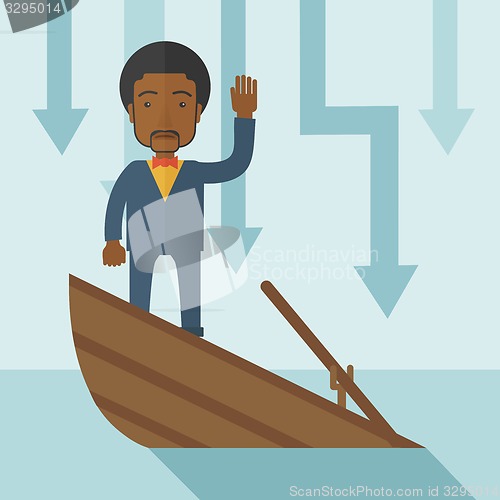 Image of Failure black businessman standing on a sinking boat.