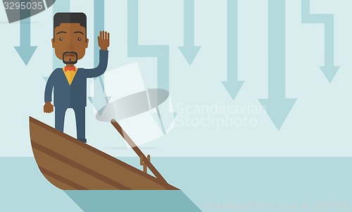 Image of Failure black businessman standing on a sinking boat.