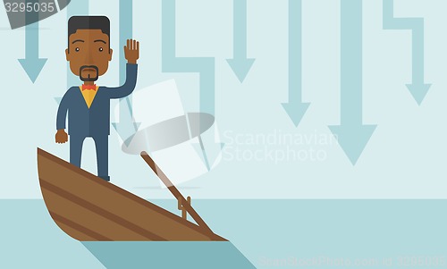 Image of Failure black businessman standing on a sinking boat.