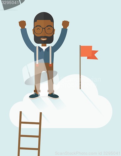 Image of Black man standing on the top of cloud with red flag.