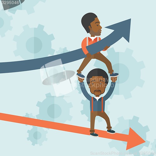 Image of Two black guy in two arrows going up and down. 