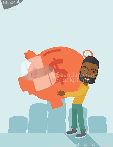 Image of African businessman carries a big piggy bank for saving money.