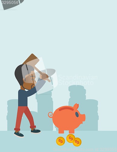 Image of Black guy holding a hammer breaking piggy bank.