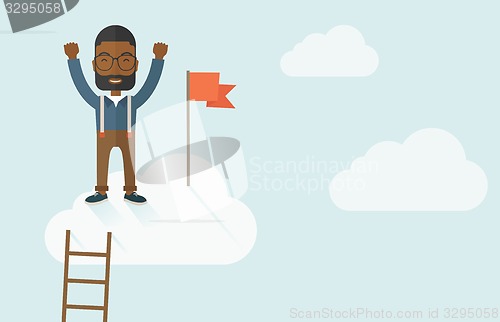 Image of Black man standing on the top of cloud with red flag.