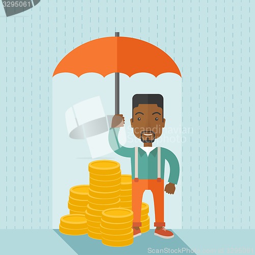 Image of African-american businessman with umbrella as protection for his investment.