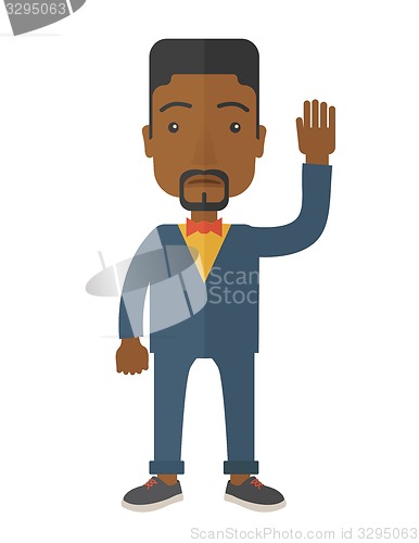 Image of Failure black businessman standing waving his hand.