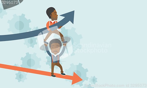 Image of Two black guy in two arrows going up and down. 