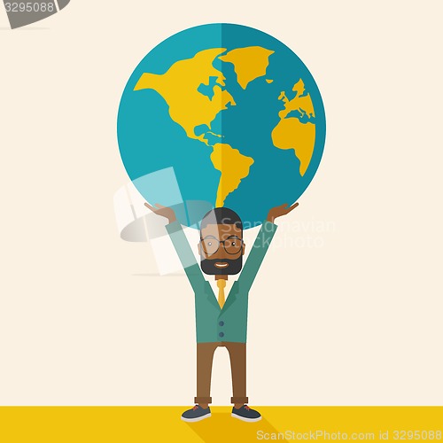 Image of Black Businessman carrying big globe.