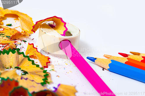 Image of colored pencils, sharpener and shavings