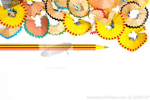 Image of striped pencil and shavings with copy space