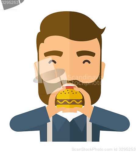 Image of Man happy eating hamburger.