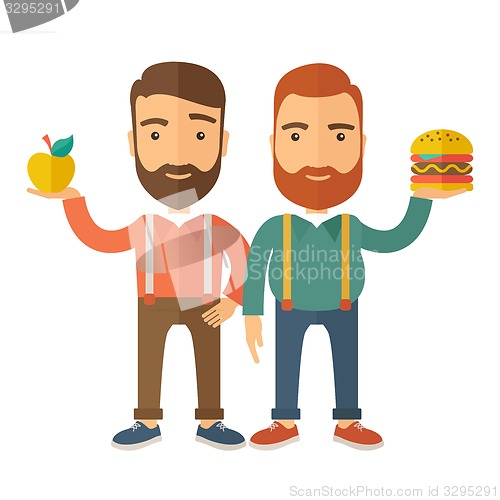 Image of Two businessmen comparing apple to hamburger.