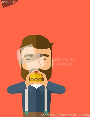 Image of Man happy eating hamburger.